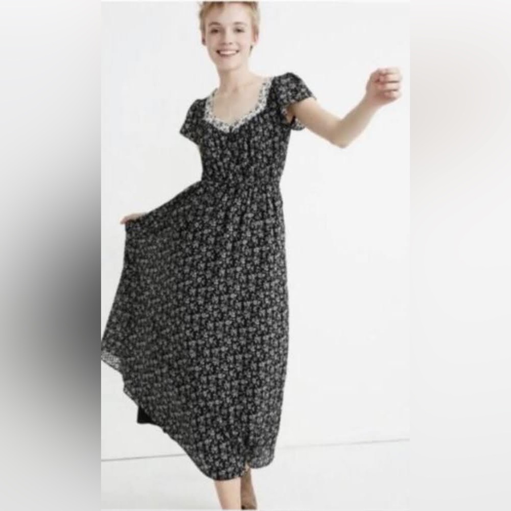 MADEWELL | Print Mix Sleeve Branch Floral Black White Midi Dress Size 0